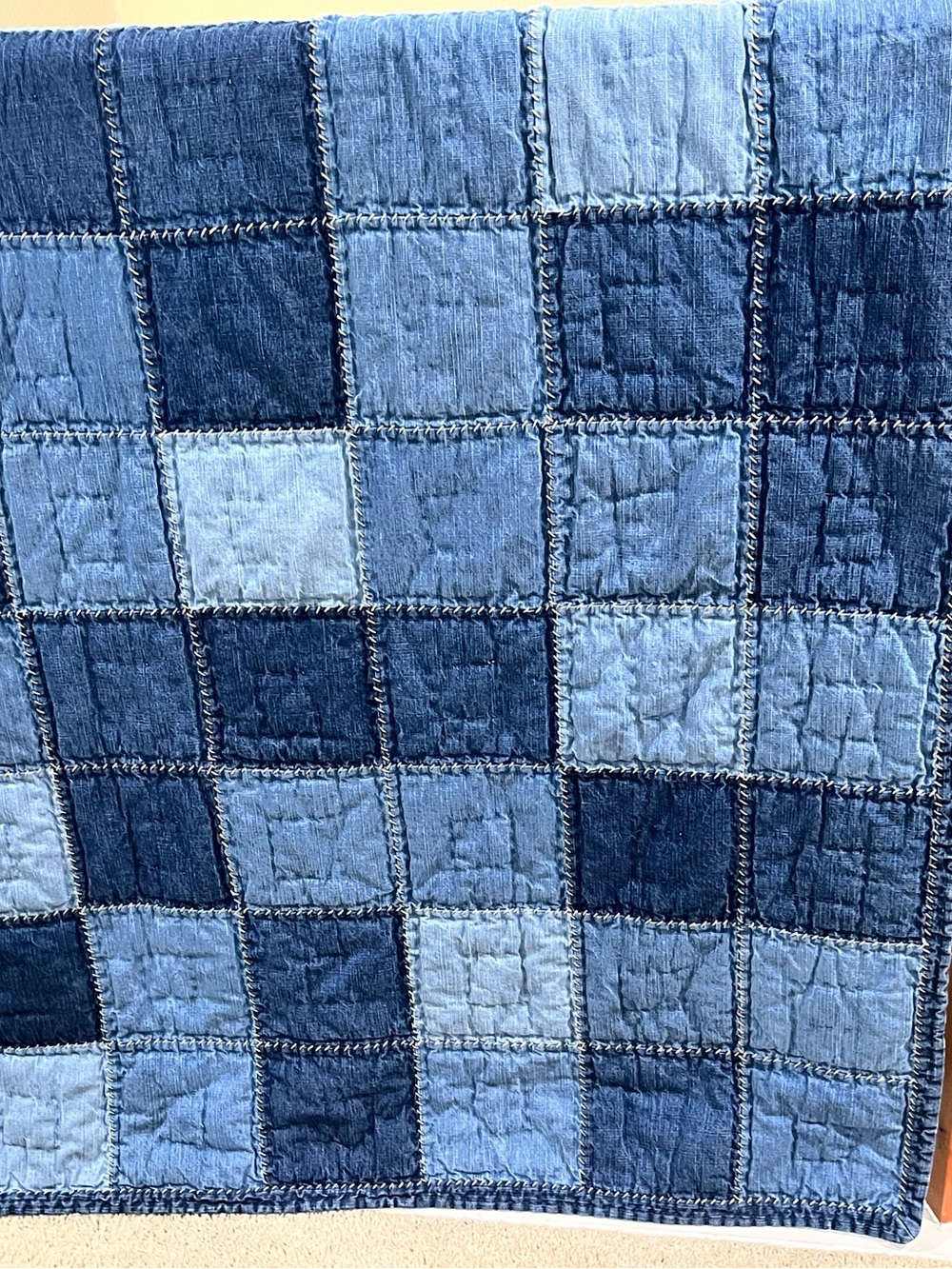 POTTERY BARN KIDS Denim Patchwork WHIP STITCH Quilt  - Blue TWIN SIZE 68x86”